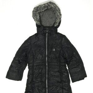 Calvin Klein Jeans Black Glitter Coat 3T – Faux Fur Hood – Very Good Condition